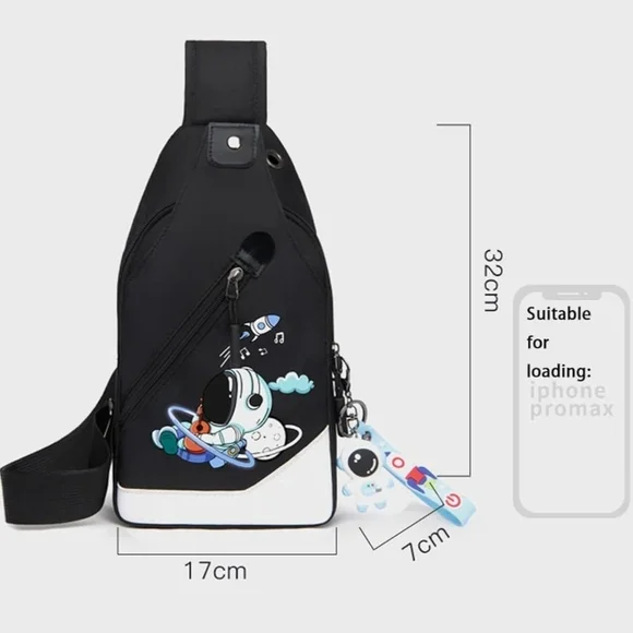 New! Astronaut With Guitar Rocket Black Sling Bag Backpack Kids Cartoon Fun - Picture 2 of 10